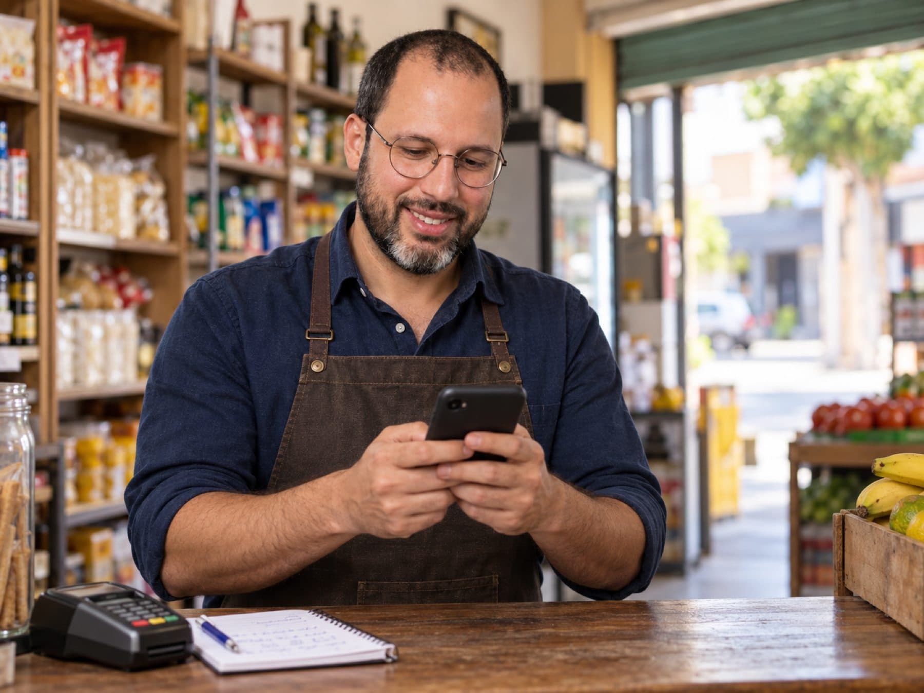 Junio no balcão de uma mercearia, olhando o celular