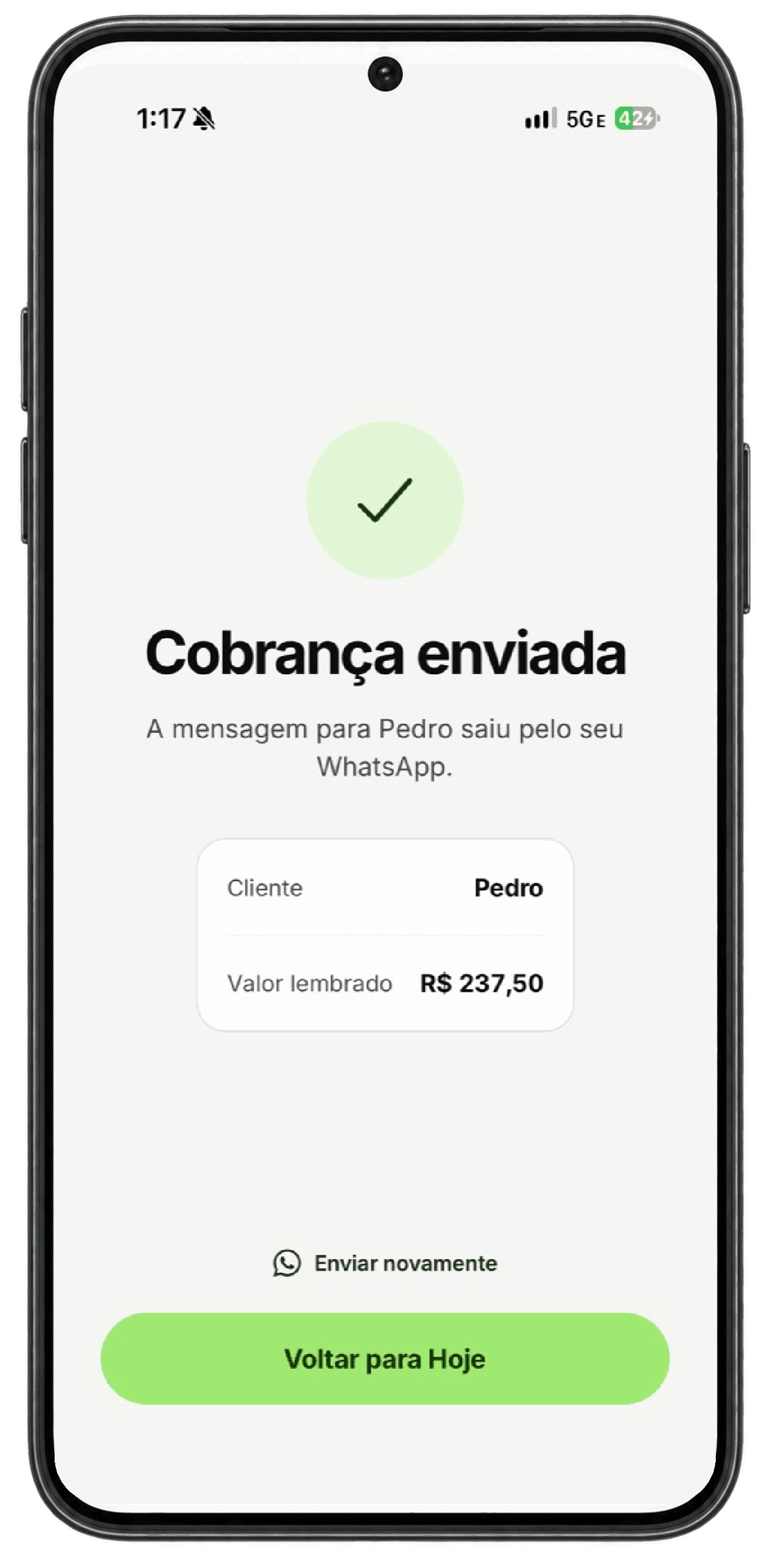 Tela Cobrança enviada para o Pedro
