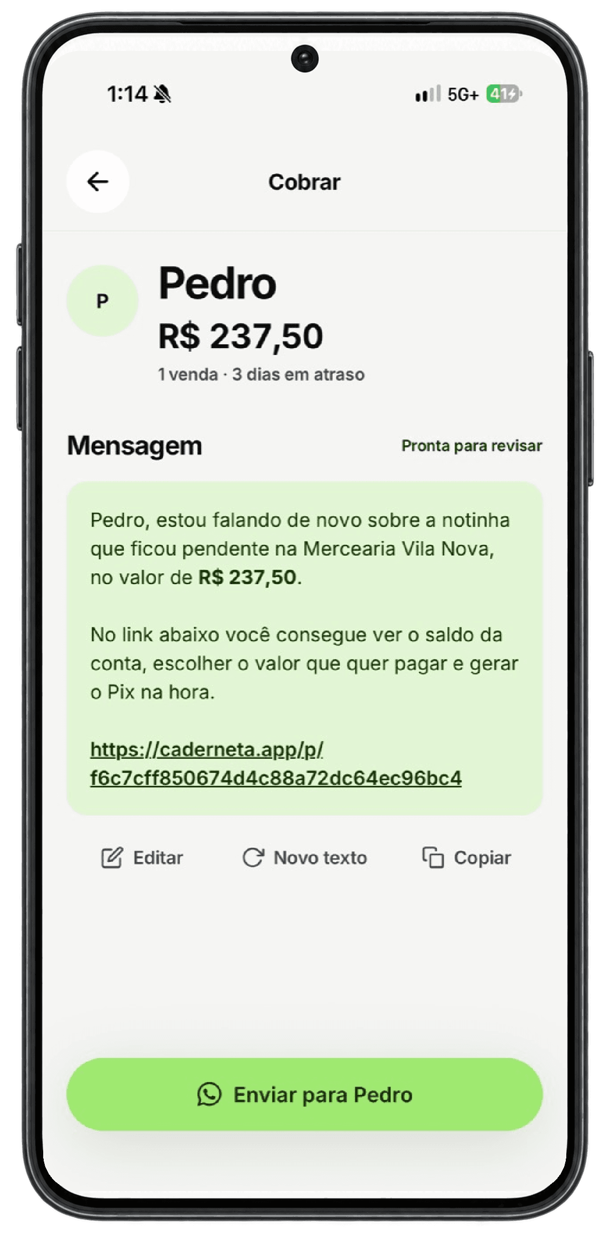 Tela Cobrar: mensagem pronta para o Pedro, com o valor e o link de pagamento
