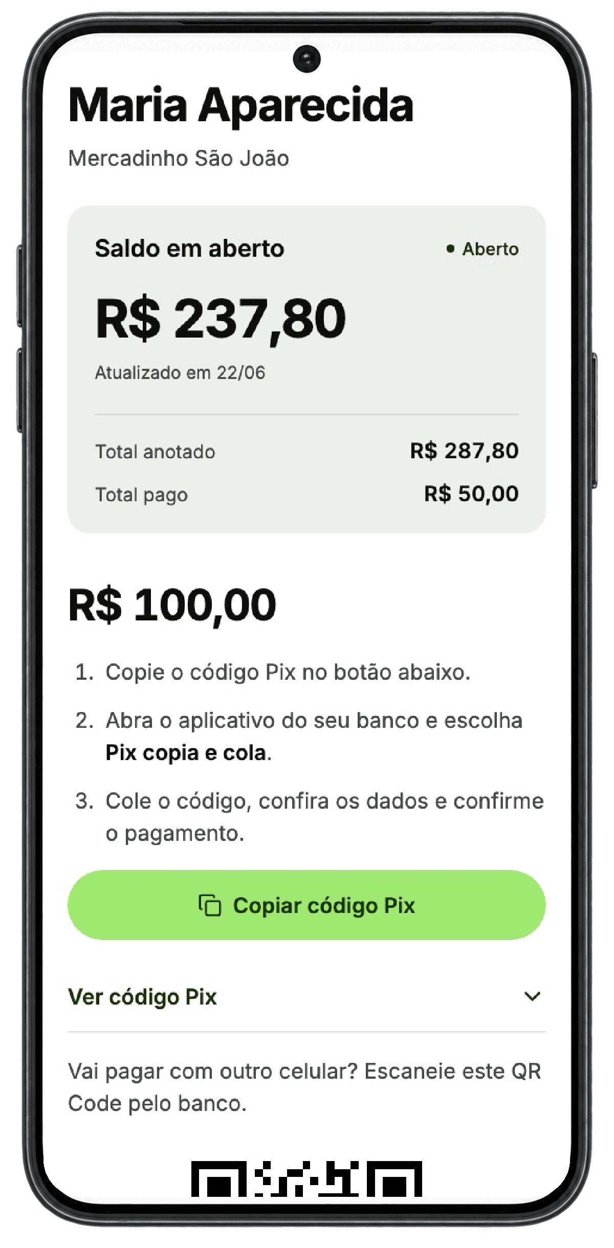Link do cliente: Pix de R$ 100,00 pronto, com botão Copiar código Pix