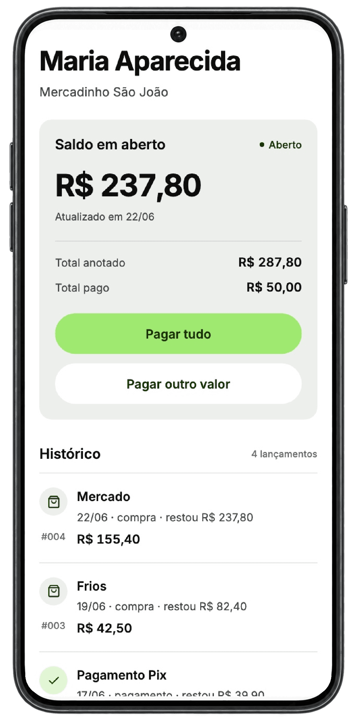 Link do cliente: saldo em aberto de R$ 237,80, com botões Pagar tudo e Pagar outro valor