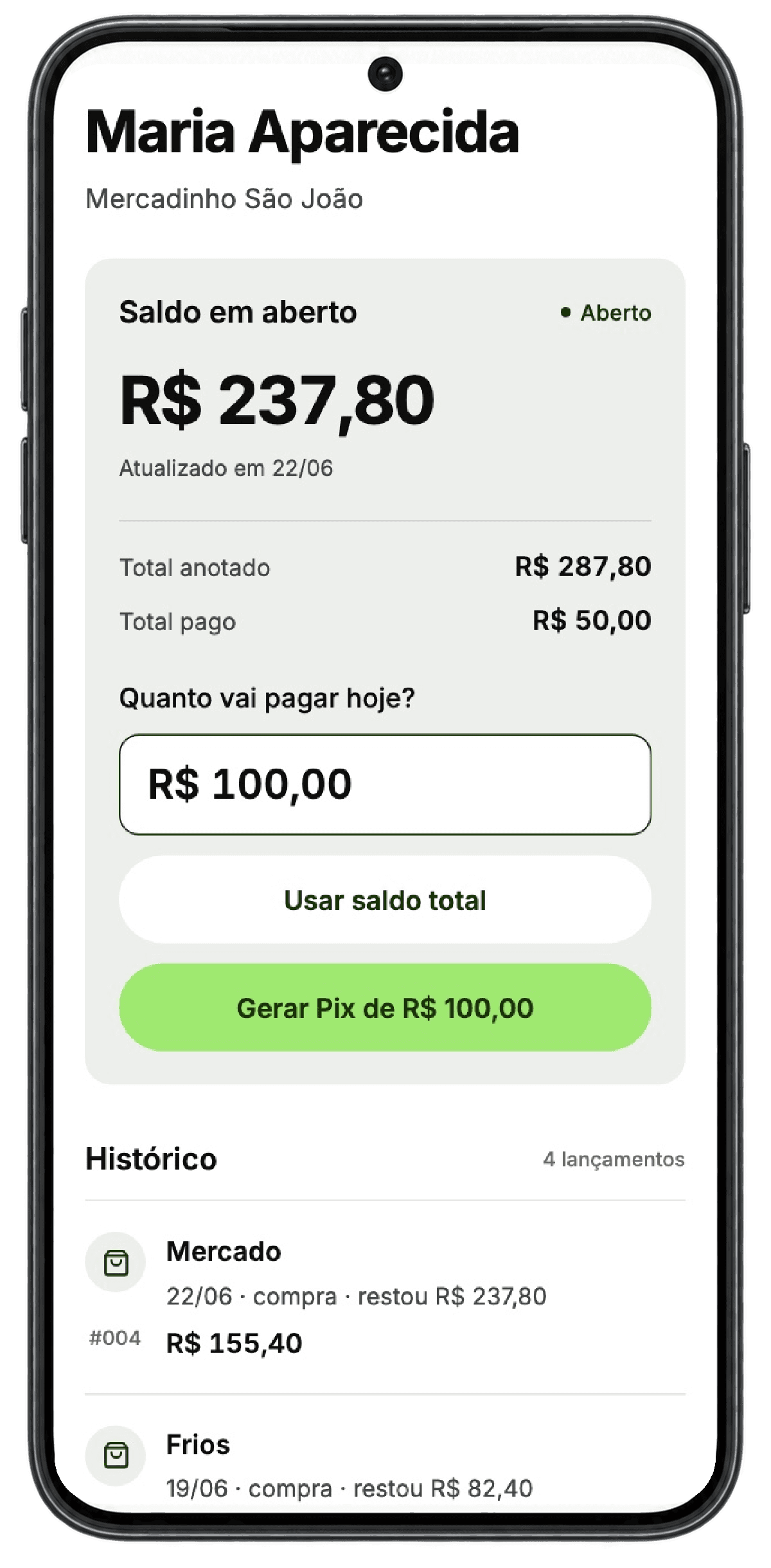 Link do cliente: campo Quanto vai pagar hoje, preenchido com R$ 100,00